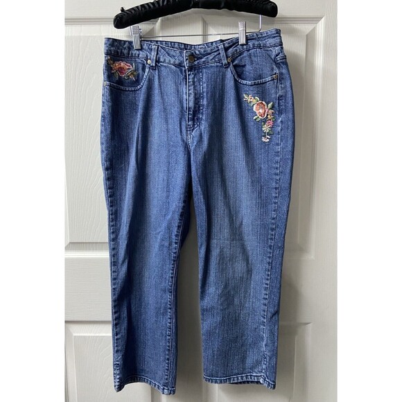 Kikit Capri Jeans Womens 12 Blue Denim Embroidered Embellished Boho Peasant - Picture 2 of 10